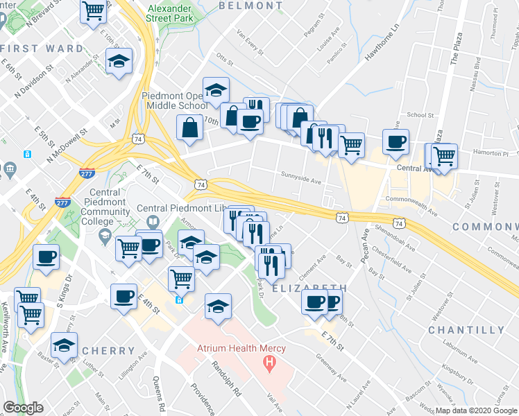 map of restaurants, bars, coffee shops, grocery stores, and more near 527 Oakland Avenue in Charlotte