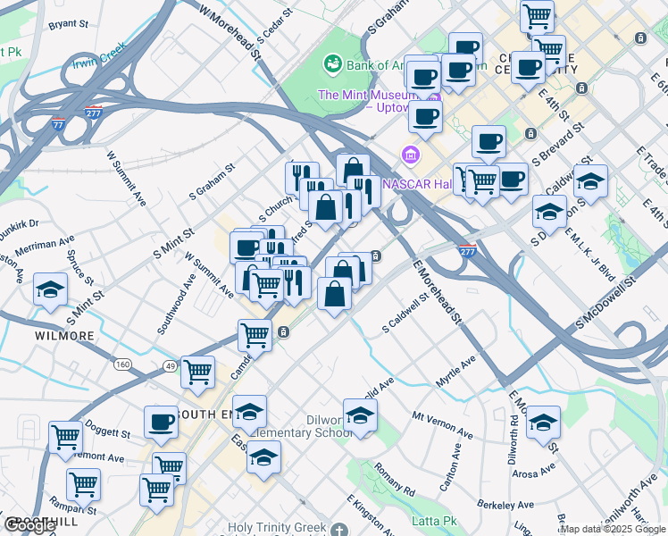map of restaurants, bars, coffee shops, grocery stores, and more near 1205 South Tryon Street in Charlotte