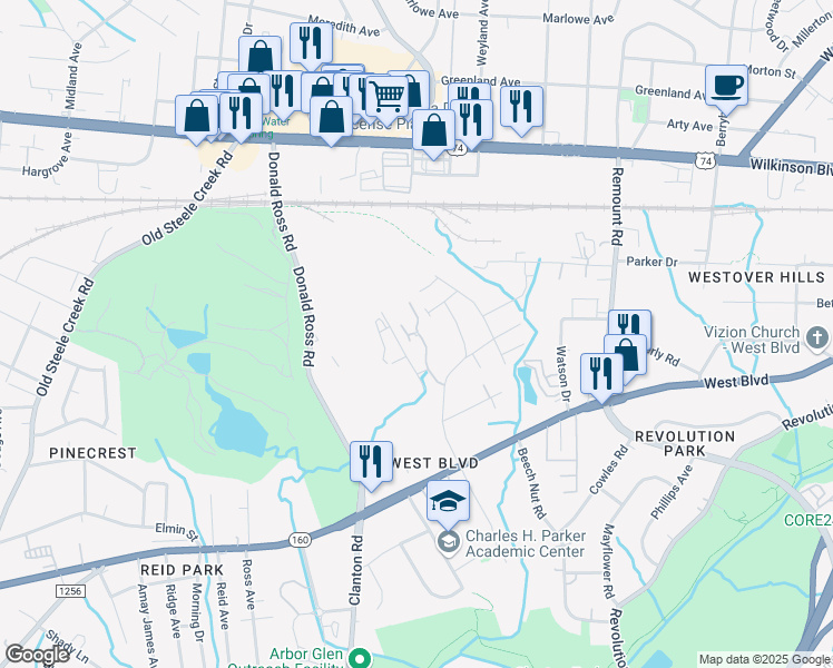 map of restaurants, bars, coffee shops, grocery stores, and more near 2501 Kingspark Drive in Charlotte