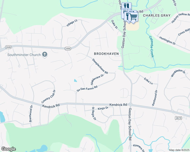 map of restaurants, bars, coffee shops, grocery stores, and more near 1505 Prancer Lane in Gastonia