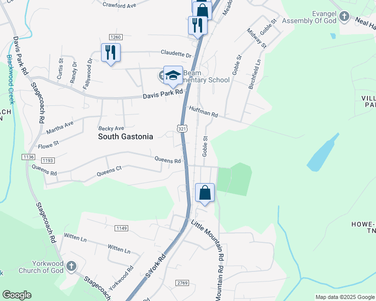 map of restaurants, bars, coffee shops, grocery stores, and more near 3335 York Highway in Gastonia