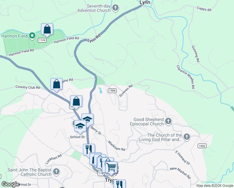 map of restaurants, bars, coffee shops, grocery stores, and more near 193 Screven Road in Tryon