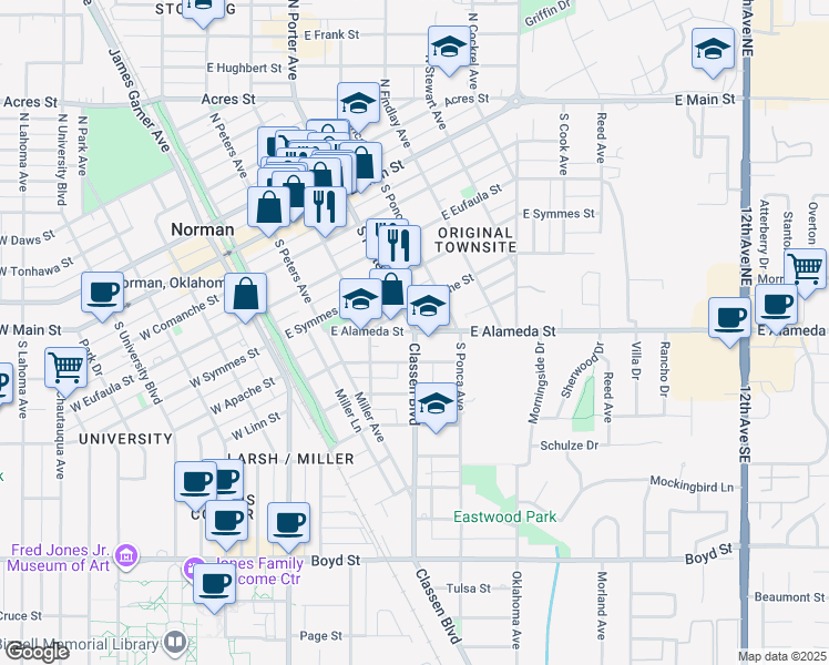 map of restaurants, bars, coffee shops, grocery stores, and more near 599 South Porter Avenue in Norman