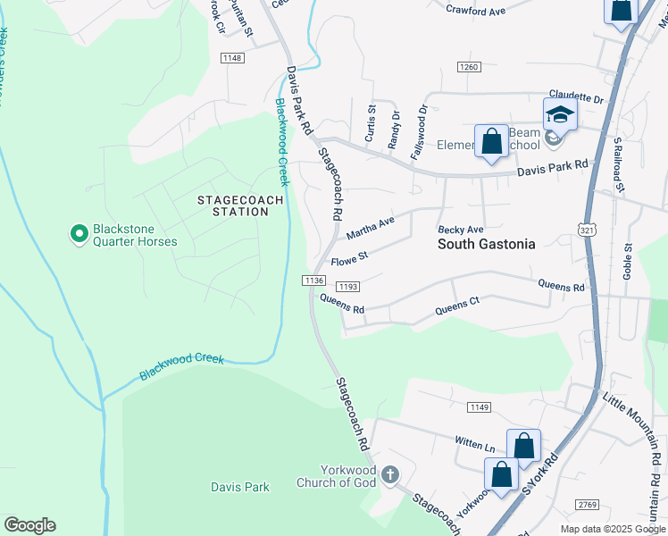 map of restaurants, bars, coffee shops, grocery stores, and more near 723 Flowe Street in Gastonia
