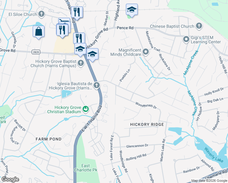 map of restaurants, bars, coffee shops, grocery stores, and more near 6507 Snow Bird Lane in Charlotte