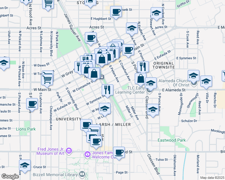 map of restaurants, bars, coffee shops, grocery stores, and more near 111 East Symmes Street in Norman