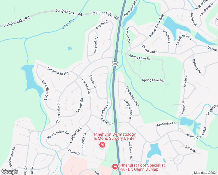 map of restaurants, bars, coffee shops, grocery stores, and more near 415 Adams Circle in Pinehurst