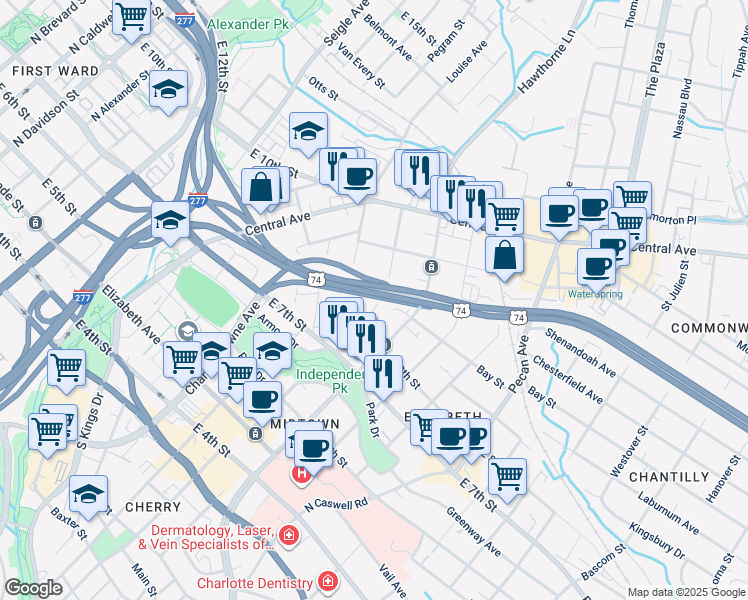 map of restaurants, bars, coffee shops, grocery stores, and more near 527 Oakland Avenue in Charlotte