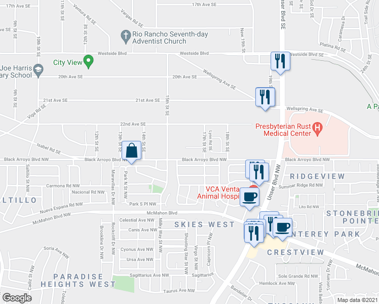 map of restaurants, bars, coffee shops, grocery stores, and more near 1620 23rd Avenue Southeast in Rio Rancho