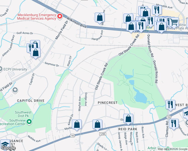 map of restaurants, bars, coffee shops, grocery stores, and more near 2501 Faber Street in Charlotte