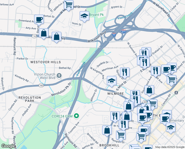 map of restaurants, bars, coffee shops, grocery stores, and more near 1824 Merriman Avenue in Charlotte