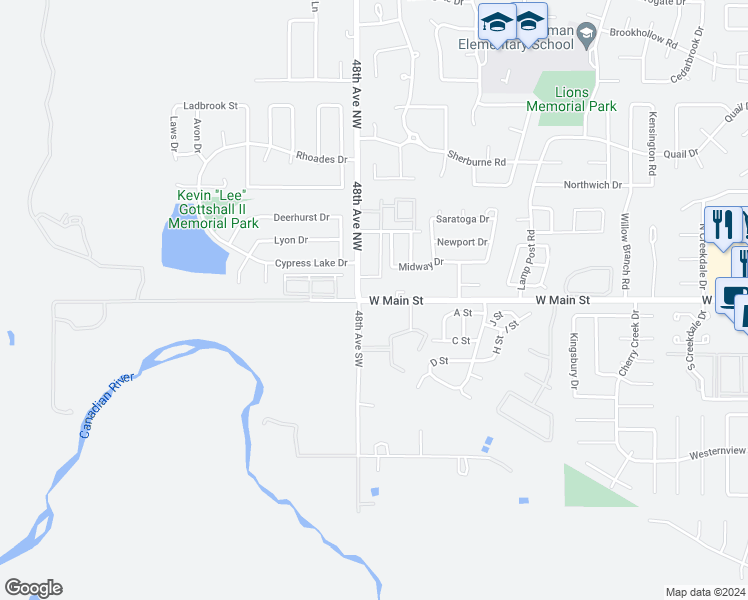 map of restaurants, bars, coffee shops, grocery stores, and more near 4702 West Main Street in Norman