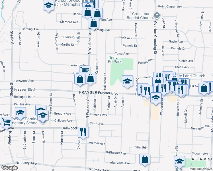map of restaurants, bars, coffee shops, grocery stores, and more near 3406 Hallbrook Street in Memphis