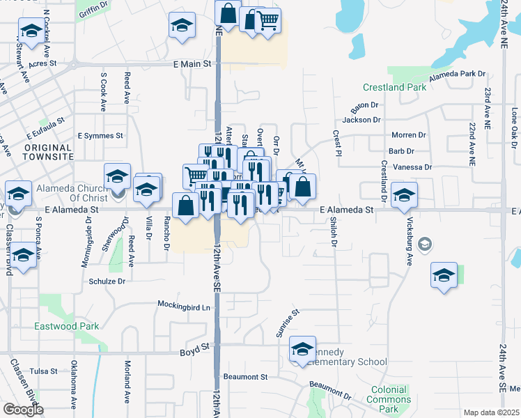 map of restaurants, bars, coffee shops, grocery stores, and more near 1326 Alameda St in Norman
