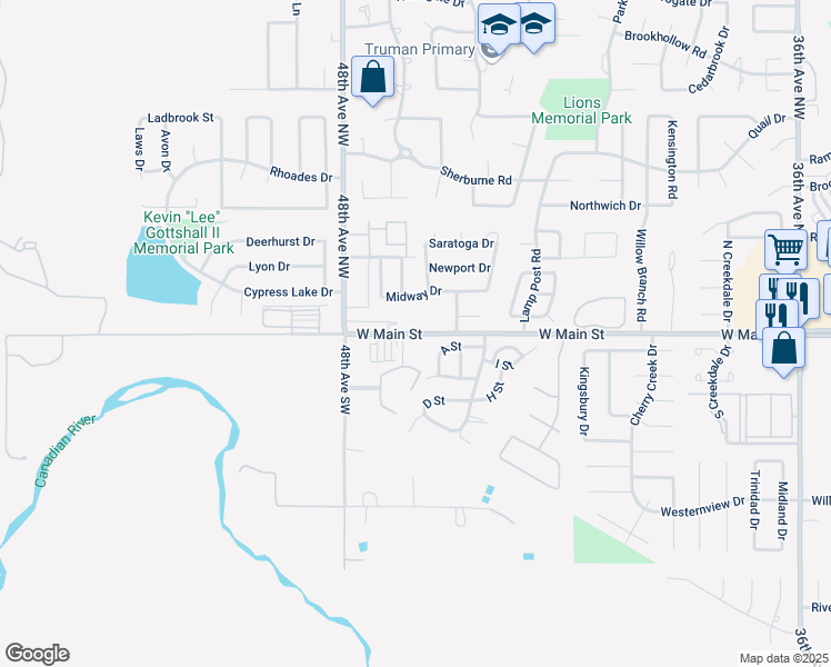 map of restaurants, bars, coffee shops, grocery stores, and more near 4487 West Main Street in Norman