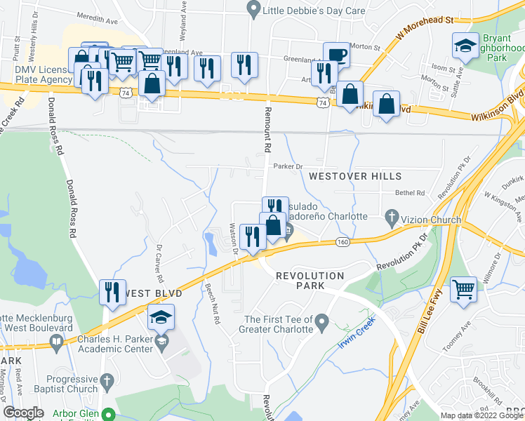 map of restaurants, bars, coffee shops, grocery stores, and more near Remount Rd & Kimberly Rd in Charlotte