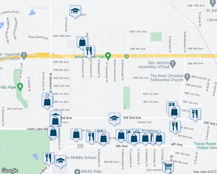 map of restaurants, bars, coffee shops, grocery stores, and more near 110 North Tennessee Street in Amarillo