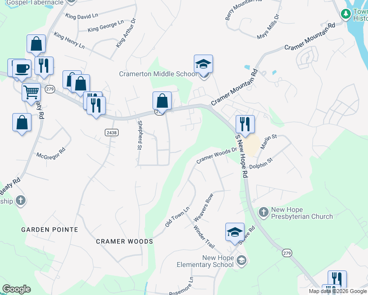 map of restaurants, bars, coffee shops, grocery stores, and more near 115 Rocky Road in Gastonia