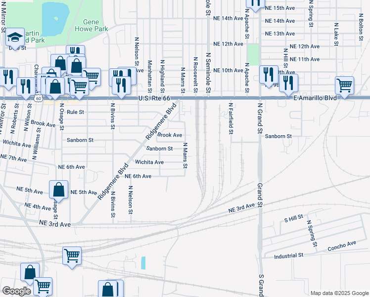 map of restaurants, bars, coffee shops, grocery stores, and more near 649 North Marrs Street in Amarillo