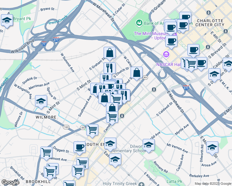 map of restaurants, bars, coffee shops, grocery stores, and more near 1425 Winnifred Street in Charlotte