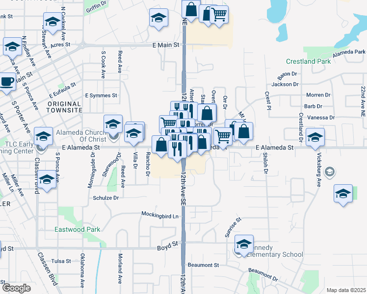 map of restaurants, bars, coffee shops, grocery stores, and more near 110 12th Avenue Southeast in Norman