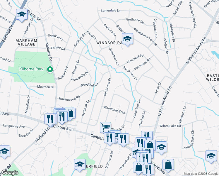 map of restaurants, bars, coffee shops, grocery stores, and more near 2008 Birchcrest Drive in Charlotte