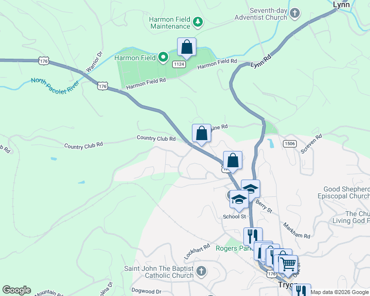 map of restaurants, bars, coffee shops, grocery stores, and more near 909 North Trade Street in Tryon