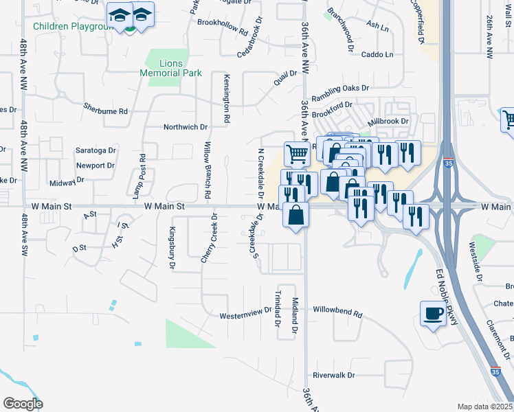 map of restaurants, bars, coffee shops, grocery stores, and more near 3737 West Main Street in Norman