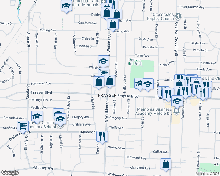 map of restaurants, bars, coffee shops, grocery stores, and more near 3396 North Watkins Street in Memphis