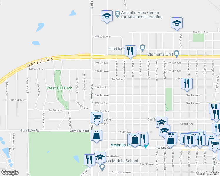 map of restaurants, bars, coffee shops, grocery stores, and more near 110 North Forest Street in Amarillo
