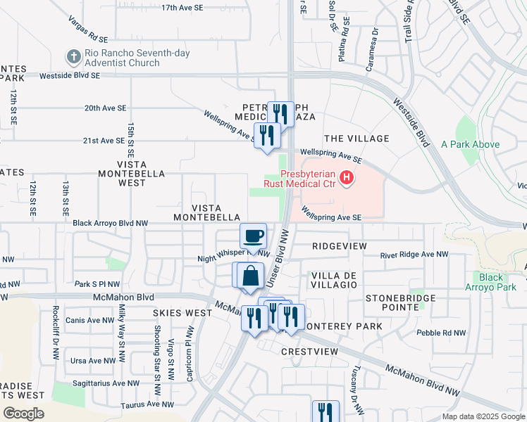 map of restaurants, bars, coffee shops, grocery stores, and more near 2410 19th Street Southeast in Rio Rancho