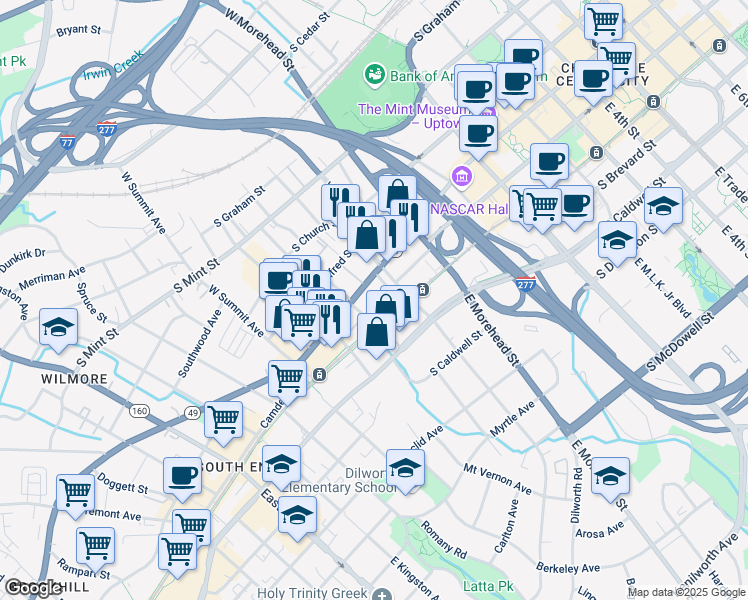 map of restaurants, bars, coffee shops, grocery stores, and more near 1205 South Tryon Street in Charlotte