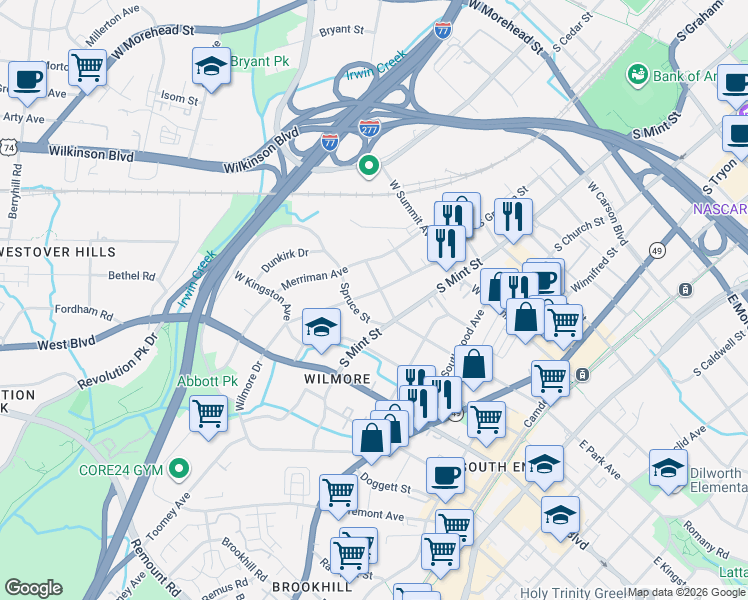 map of restaurants, bars, coffee shops, grocery stores, and more near 516 West Park Avenue in Charlotte