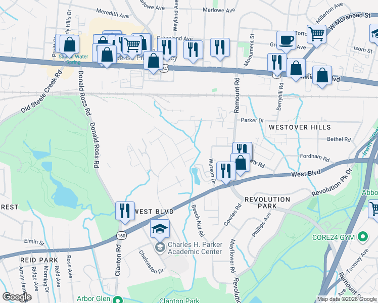 map of restaurants, bars, coffee shops, grocery stores, and more near 2504 Doctor Carver Road in Charlotte
