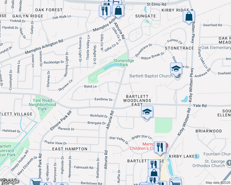 map of restaurants, bars, coffee shops, grocery stores, and more near 6486 Tarus Drive in Bartlett