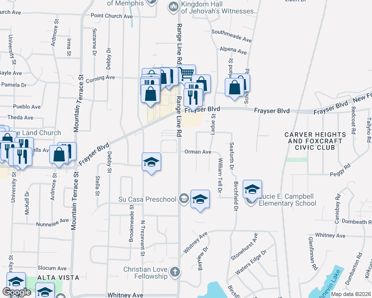 map of restaurants, bars, coffee shops, grocery stores, and more near 3401 Justine Street in Memphis