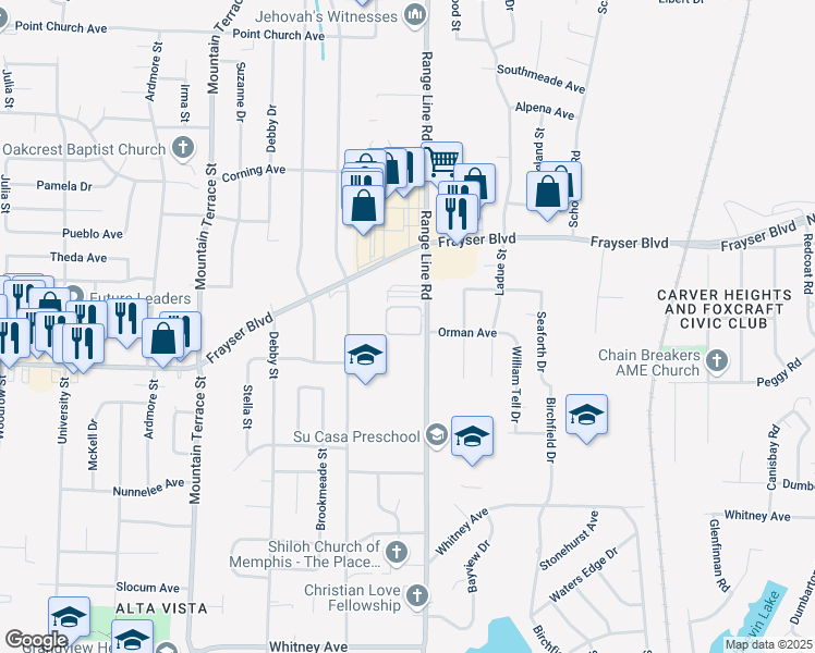map of restaurants, bars, coffee shops, grocery stores, and more near 3407 Range Line Road in Memphis
