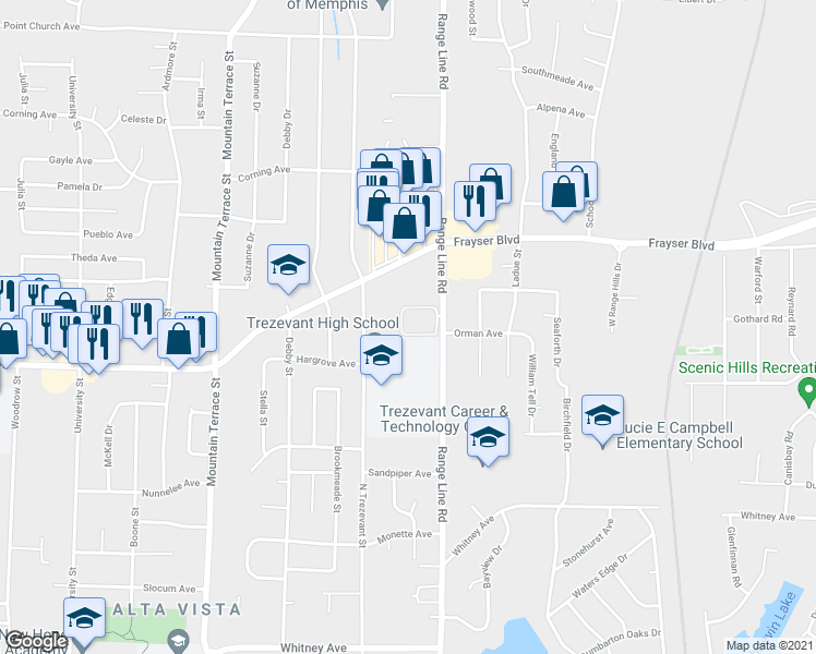 map of restaurants, bars, coffee shops, grocery stores, and more near 3406 North Trezevant Street in Memphis