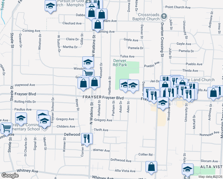 map of restaurants, bars, coffee shops, grocery stores, and more near 3406 Hallbrook Street in Memphis