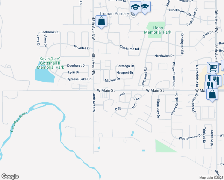 map of restaurants, bars, coffee shops, grocery stores, and more near 4401-4487 West Main Street in Norman