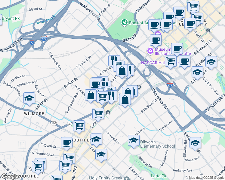 map of restaurants, bars, coffee shops, grocery stores, and more near 1310 South Tryon Street in Charlotte