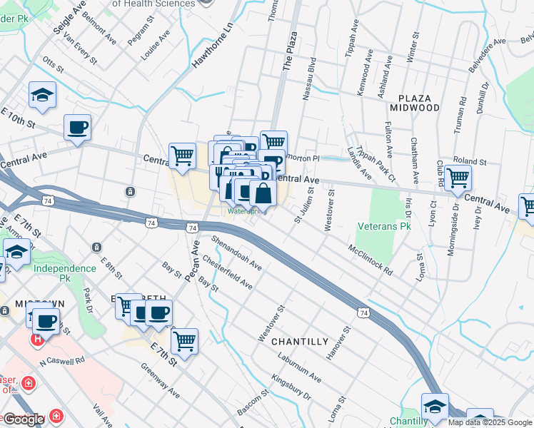 map of restaurants, bars, coffee shops, grocery stores, and more near 1200d The Plaza in Charlotte