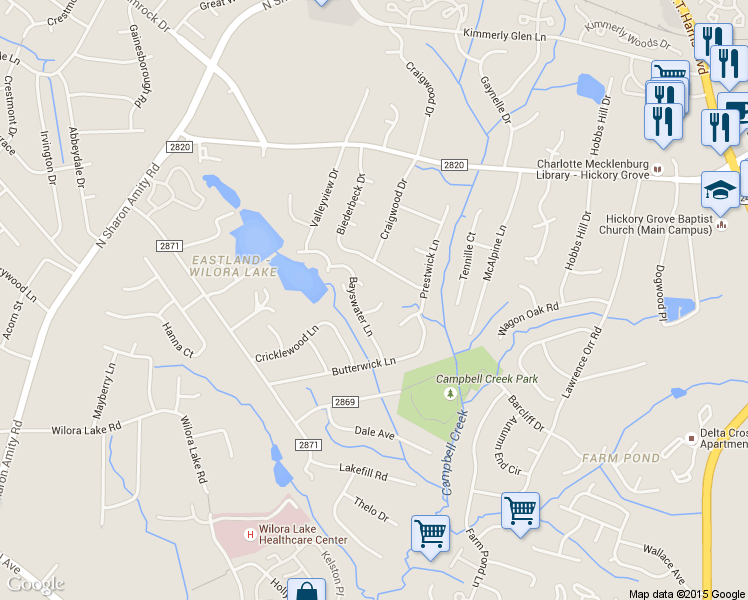 map of restaurants, bars, coffee shops, grocery stores, and more near 4821 Carnbrook Place in Charlotte
