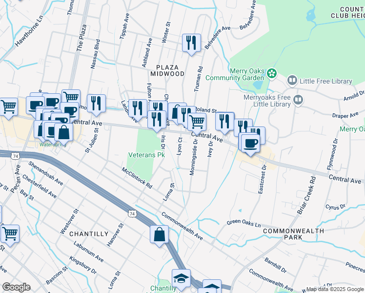 map of restaurants, bars, coffee shops, grocery stores, and more near 1500 Lyon Court in Charlotte