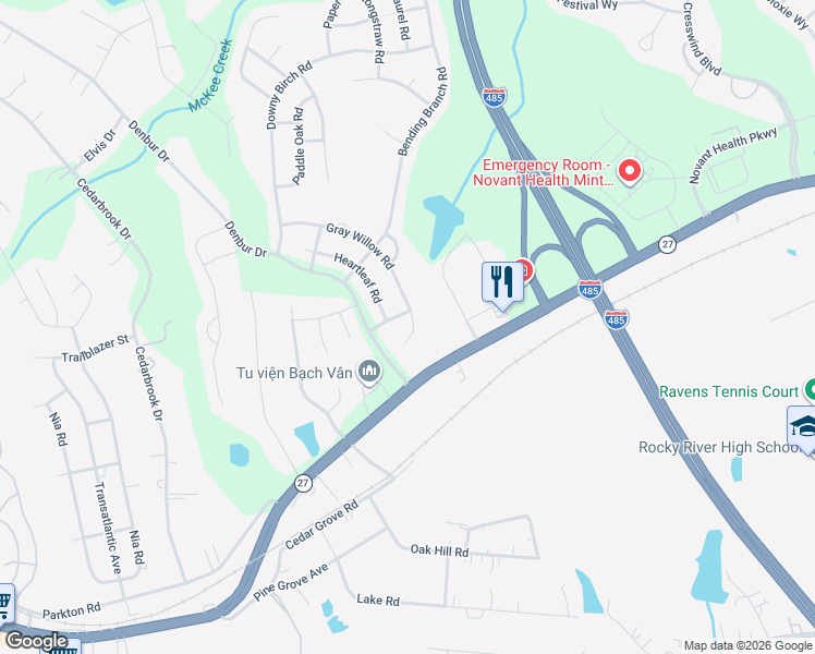 map of restaurants, bars, coffee shops, grocery stores, and more near 8721 Gray Willow Road in Charlotte