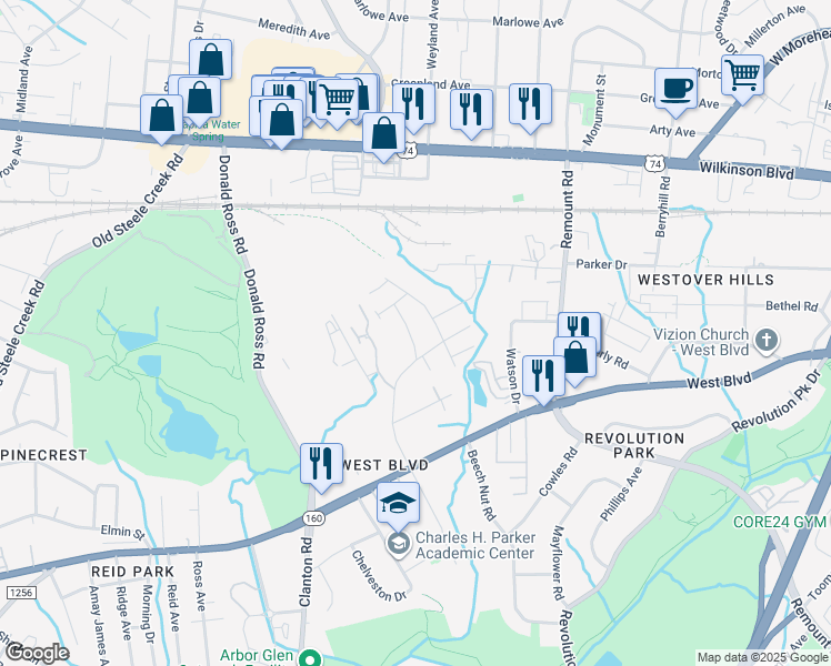 map of restaurants, bars, coffee shops, grocery stores, and more near 2519 Beachmont Avenue in Charlotte