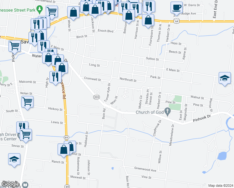 map of restaurants, bars, coffee shops, grocery stores, and more near 922 Ryan Street in Savannah