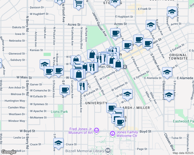 map of restaurants, bars, coffee shops, grocery stores, and more near 119 South University Boulevard in Norman