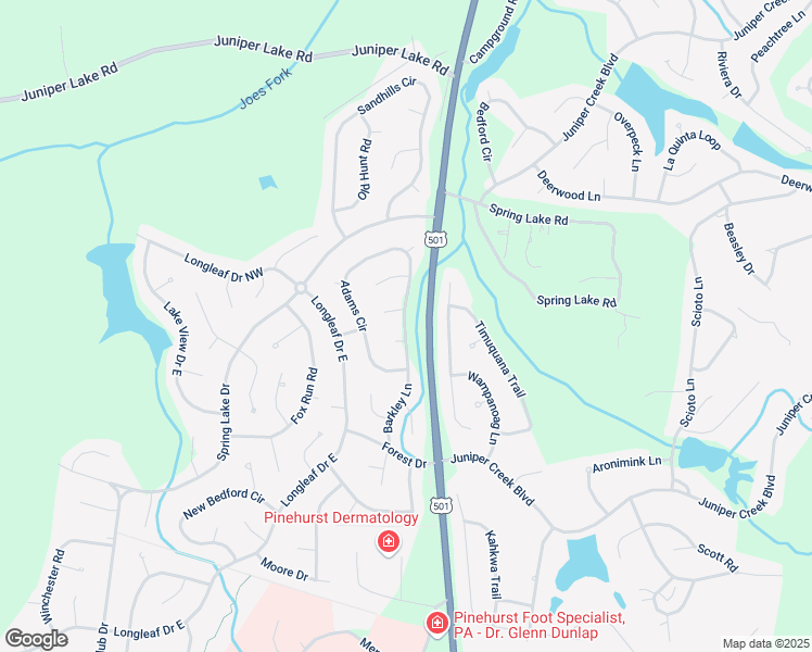 map of restaurants, bars, coffee shops, grocery stores, and more near 415 Adams Circle in Pinehurst