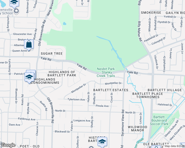 map of restaurants, bars, coffee shops, grocery stores, and more near 5681 Yale Road in Bartlett
